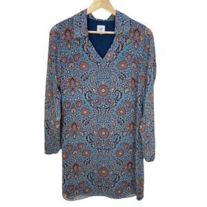 CAbi Provincial Tunic Dress Size XS Blue‎ Paisley Floral Shift V Neck Printed
